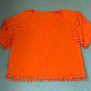 UNBRANDED fringe embroider mango orange 3/4 sleeve pullover top boho NEW size XL